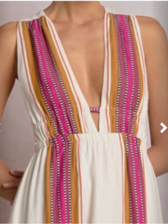 Elan Dresses & Skirts - Elan Boho Deep V Striped Maxi Dress in Ivory, Pink & Mustard